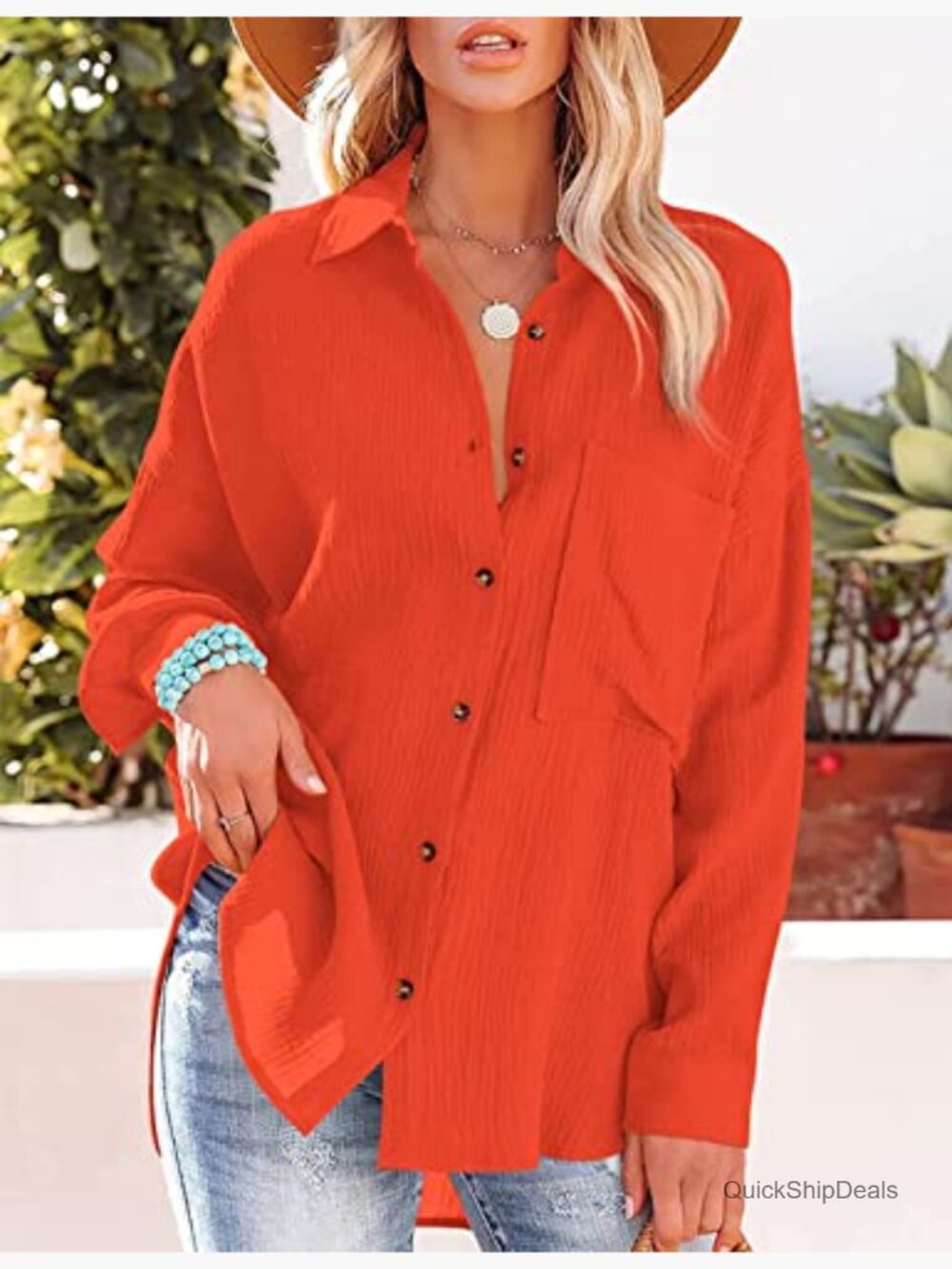 Oversized Cotton Gauze Button Down Blouse Long Sleeve V-Neck - Picture 2 of 7